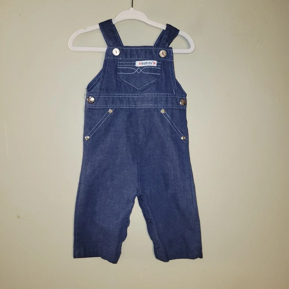 Vintage Health-Tex Baby Denim Overalls 6 Months USA‎ Made Snap Leg Blue Bib...